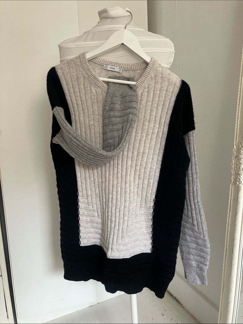 Vince Black, Gray & Cream Ribbed Colorblock Crewneck Sweater